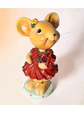 Vintage Dolgencorp Kitshy Mouse Bobblehead Figurine Romantic Roses READ